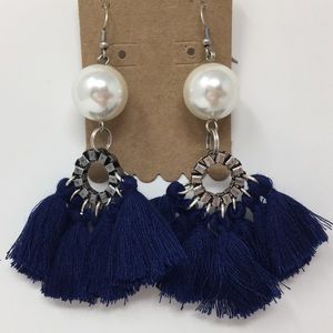 SOLD.  Faux Pearl and Navy Blue TASSEL Earrings